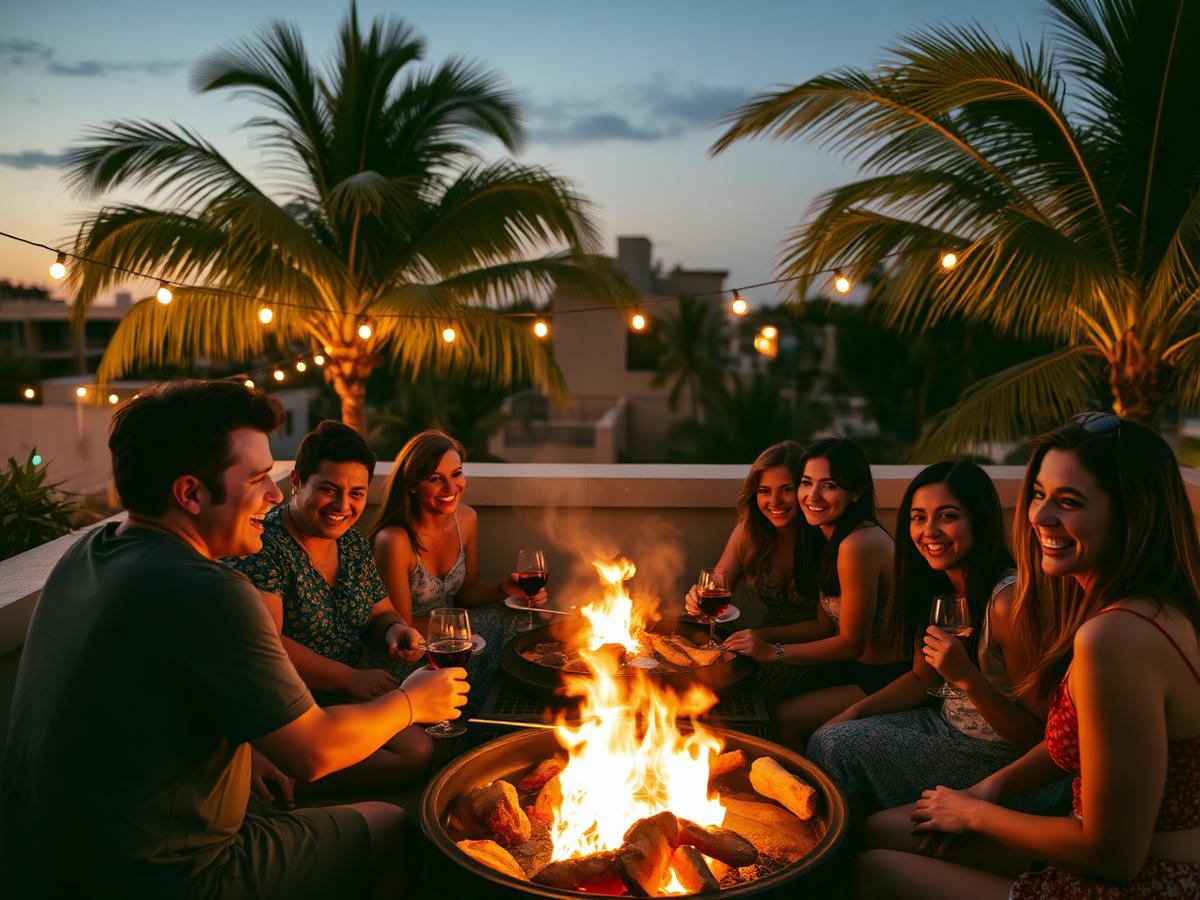 Des amis autour d'un BBQ sur un toit à Playa del Carmen